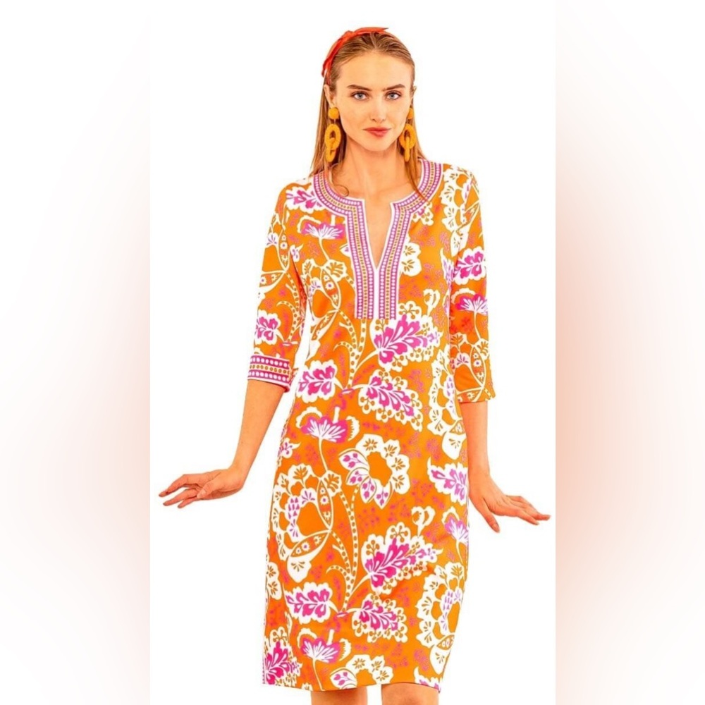 GRETCHEN SCOTT- split neck flora orange pink dress NWT